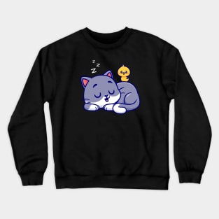 Cute Cat Sleeping With Chick Cartoon Crewneck Sweatshirt